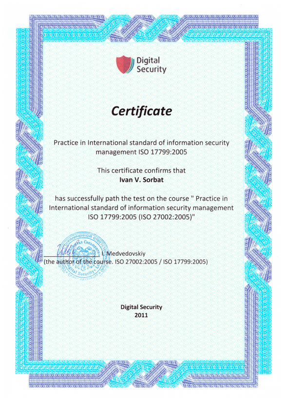 ISO 17799 Ivan Sorbat cybersecurity certificate